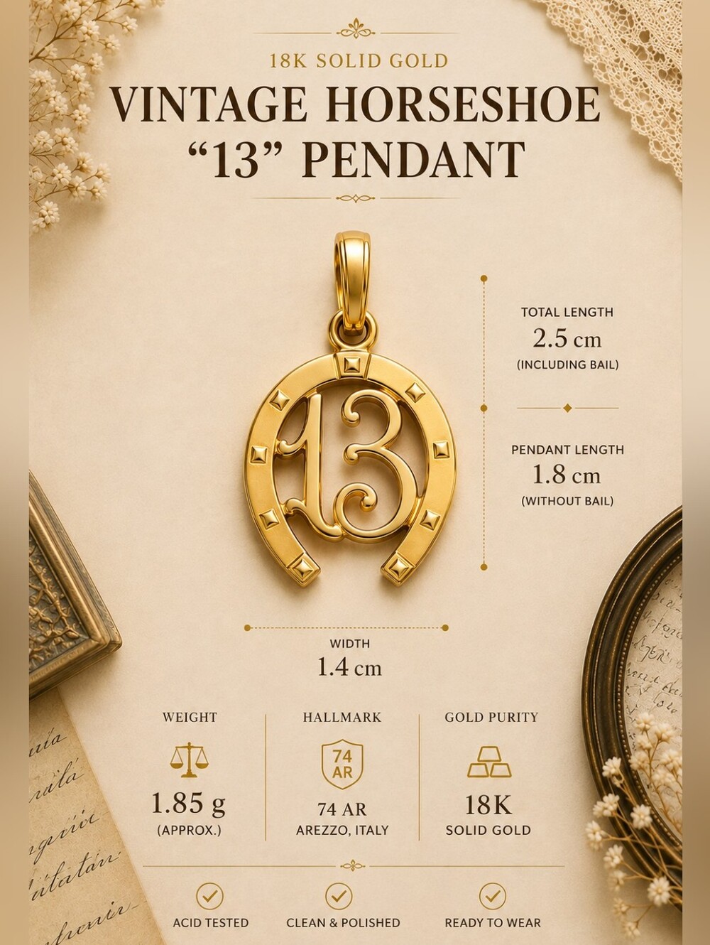 UnoAErre 18K Solid Gold Horseshoe Pendant | Made in Italy | 1.47 g